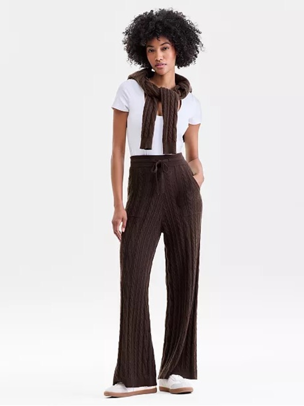 Charter Club Brown Cable-Knit Pull-On Wide Leg Pants Size Large